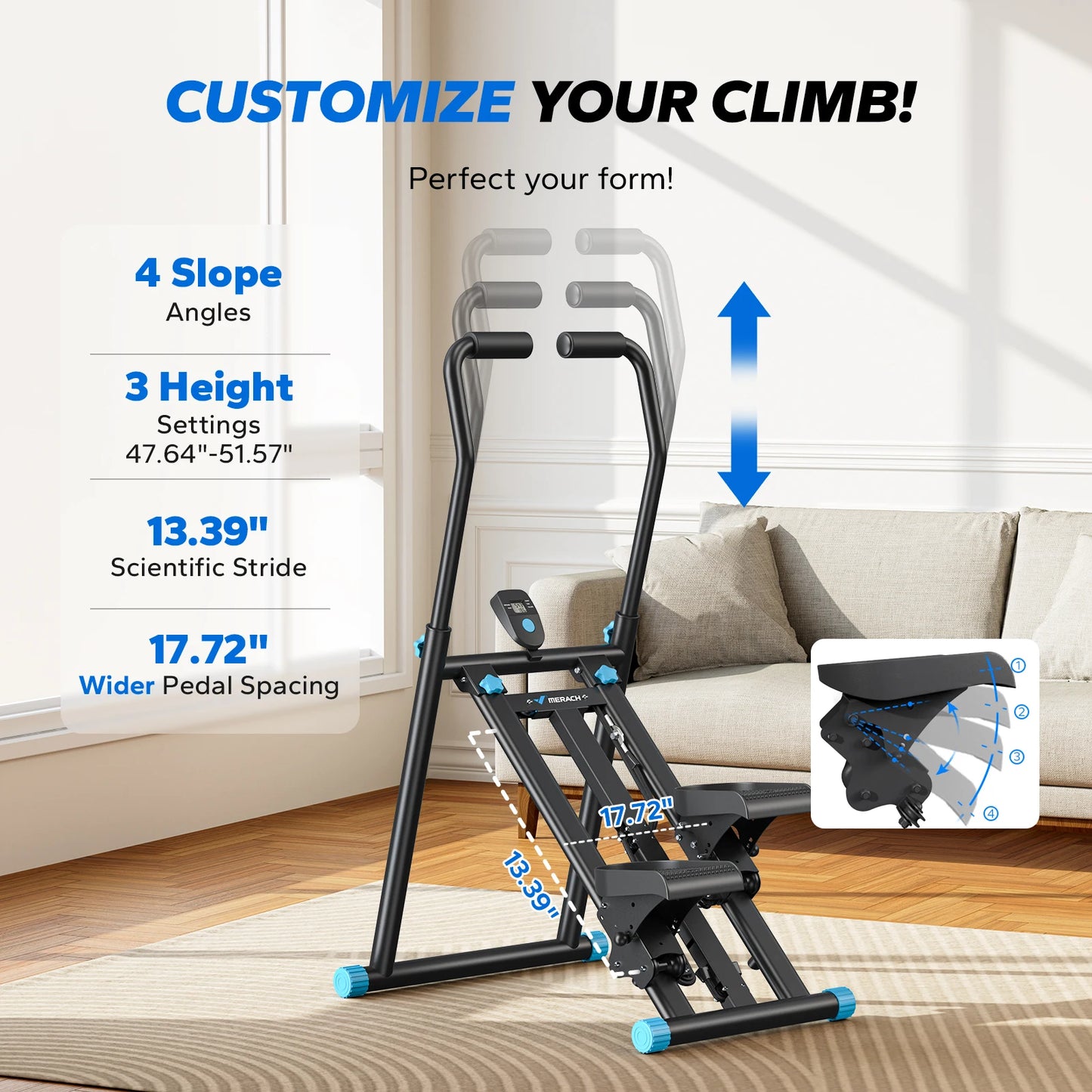 MERACH Stair Stepper Black Vertical Compact Folding Exercise Climber with Adjustable Handlebar & Pedals for Leg & Core Training