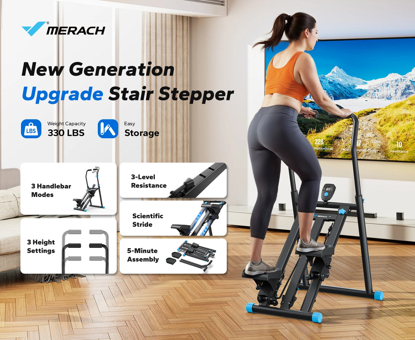 MERACH Stair Stepper Black Vertical Compact Folding Exercise Climber with Adjustable Handlebar & Pedals for Leg & Core Training