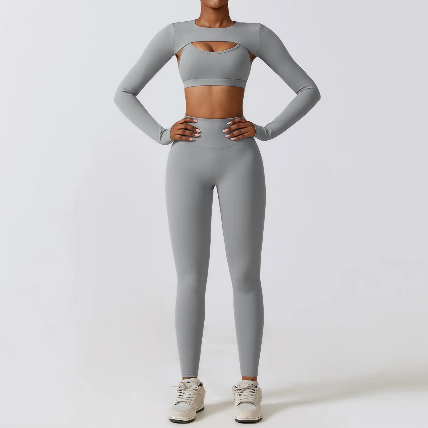 Women's Sportswear Yoga Set Seamless Fitness Bra Crop Top Long Sleeve Workout Clothes Athletic Wear Gym Legging for Running Fitness