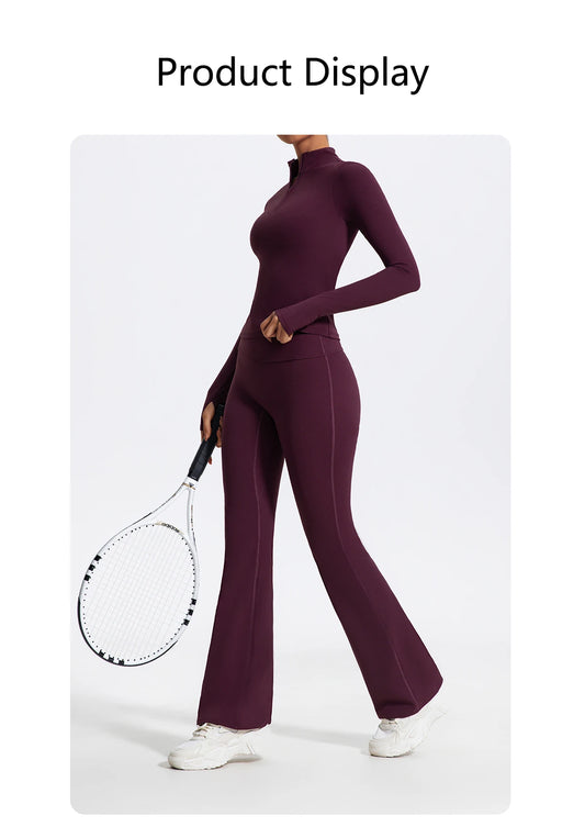 Women's 2-Piece Half-Zip Yoga Set – Long Sleeve Sports Top & Flared Workout Pants